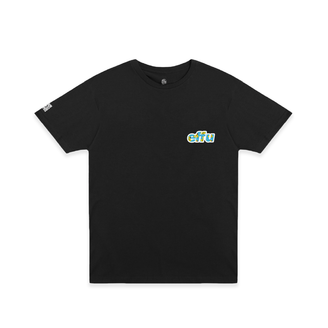 Black t-shirt with a small cyan effu logo on the chest against a white background