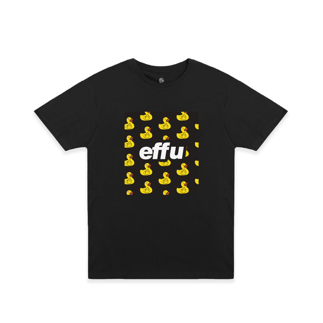 Black t-shirt with yellow rubber duck pattern and 'effu' text on a white background