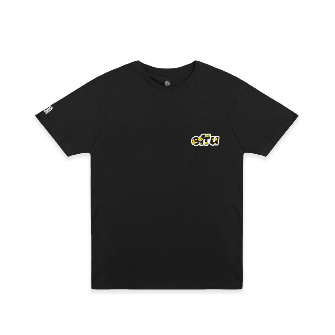 Black t-shirt with a black and yellow effu logo on the chest against a white background