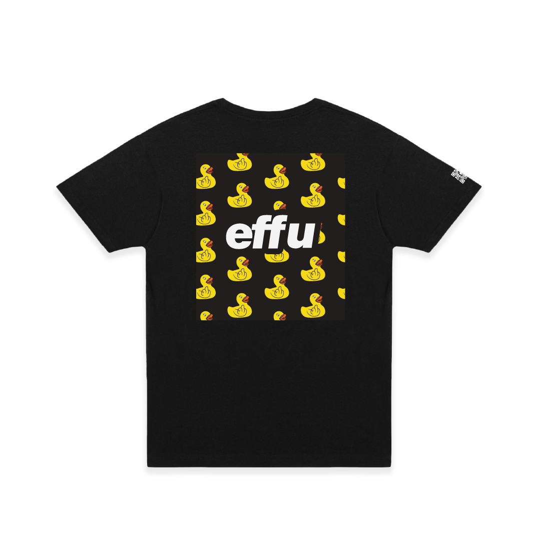Black t-shirt with yellow rubber duck pattern and white 'effu' text on a white background