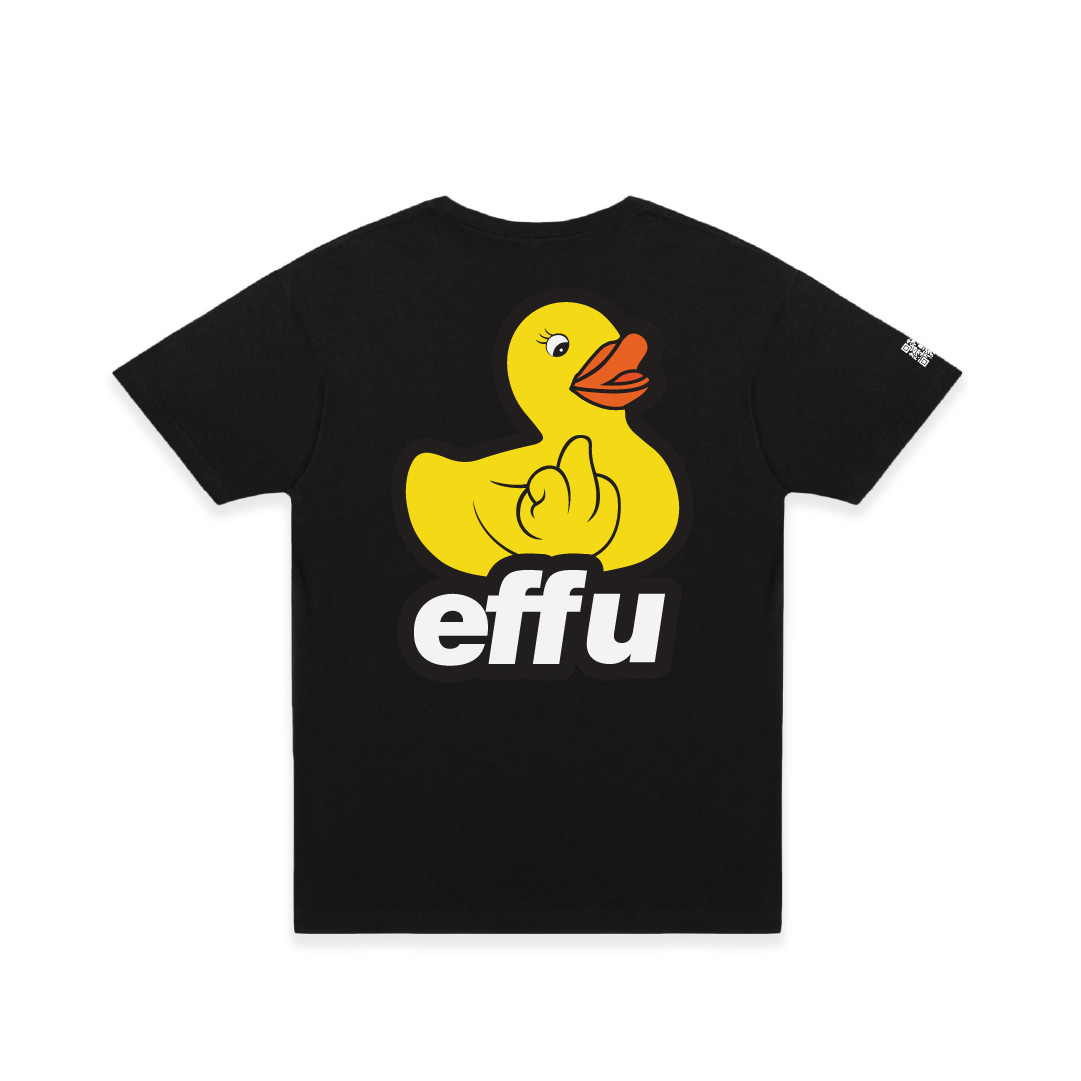 Rear view of a black t-shirt with a large yellow rubber duck making a hand gesture and the word 'effu' on a white background