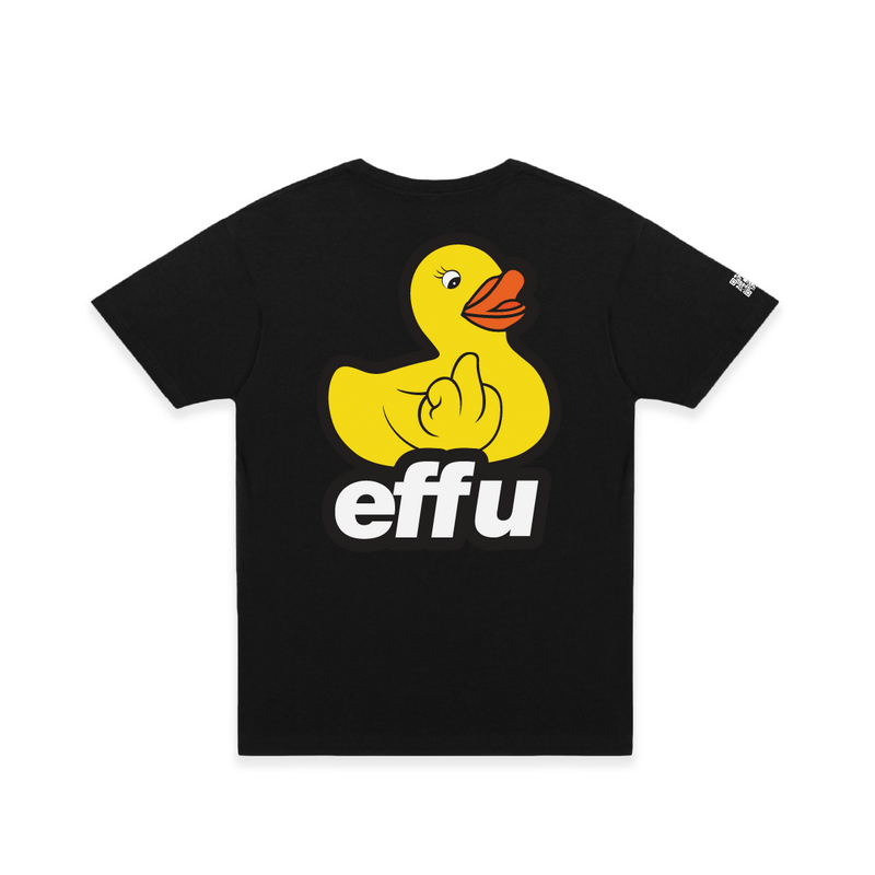 Rear view of a black t-shirt with a large yellow rubber duck making a hand gesture and the word 'effu' on a white background