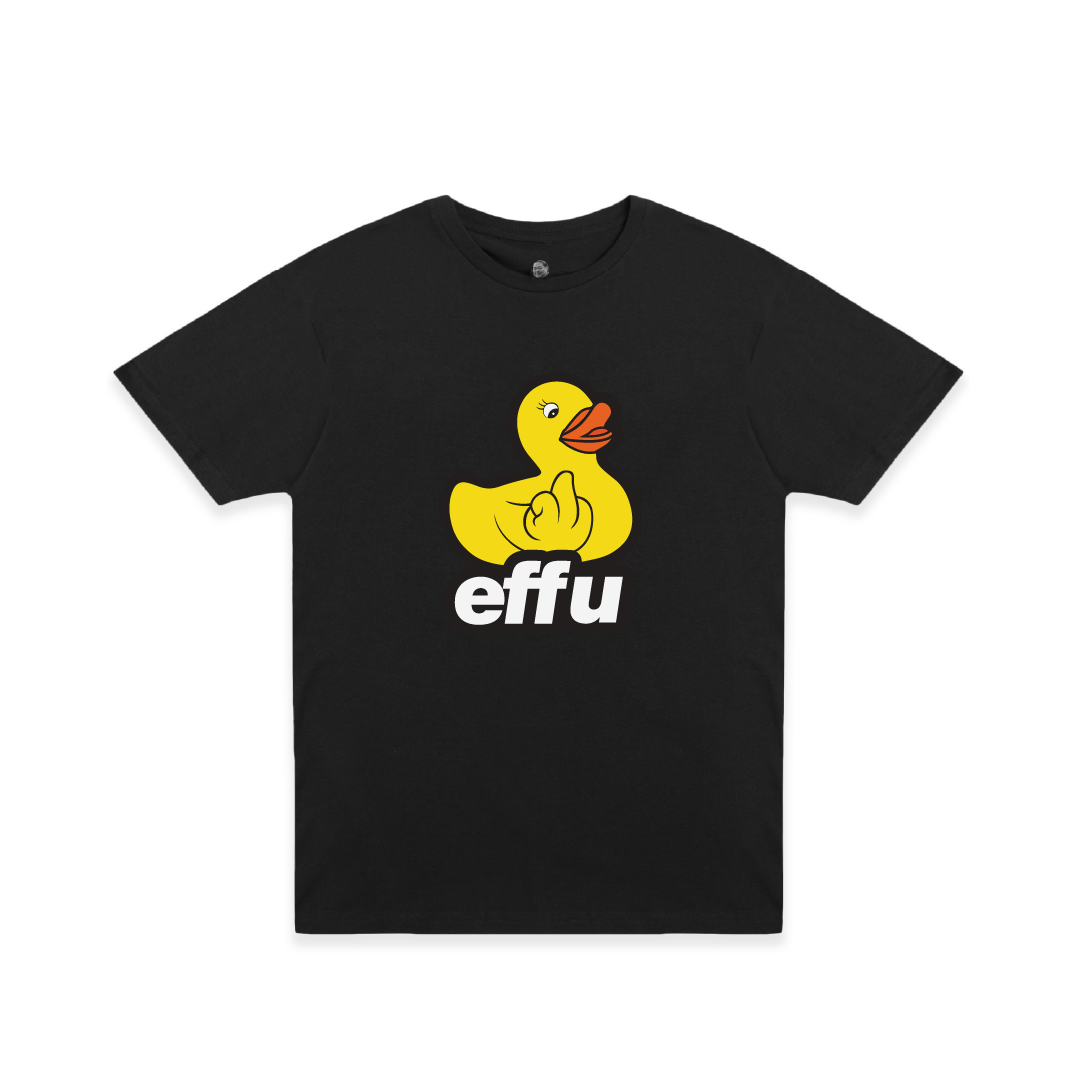 Black t-shirt with a large yellow rubber duck and 'effu' text on a white background