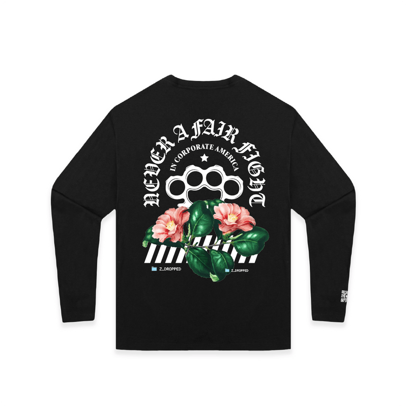Rear view of a black long-sleeved shirt with a large white brass knuckle graphic and 'Never a Fair Fight' text with flowers.