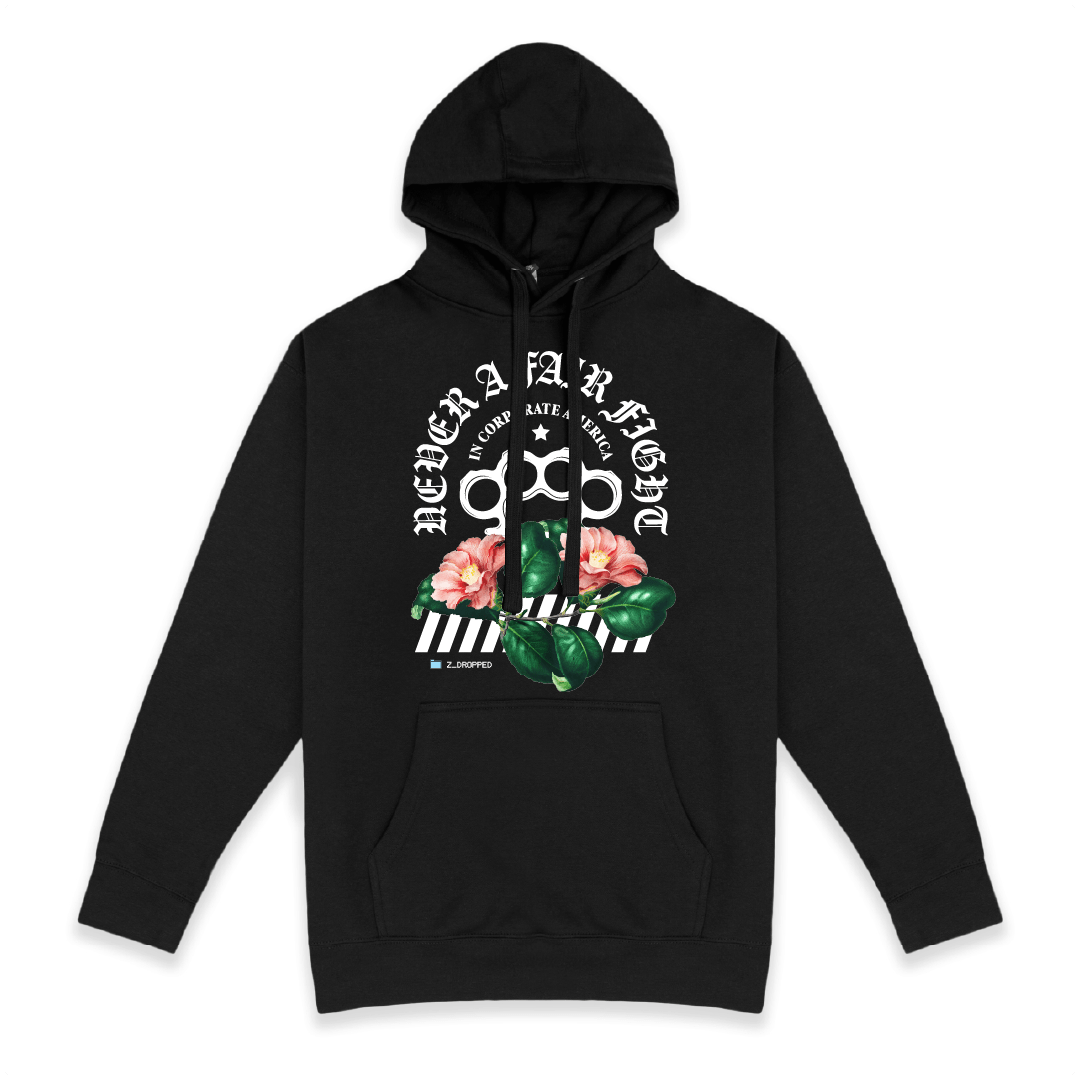 Front view of a Black hoodie with brass knuckle and floral design with white Never a Fair Fight text on the front against a white background