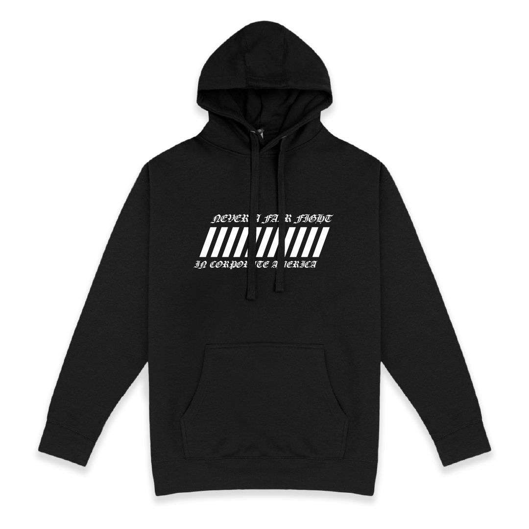 Black hoodie with white text and design on a white background