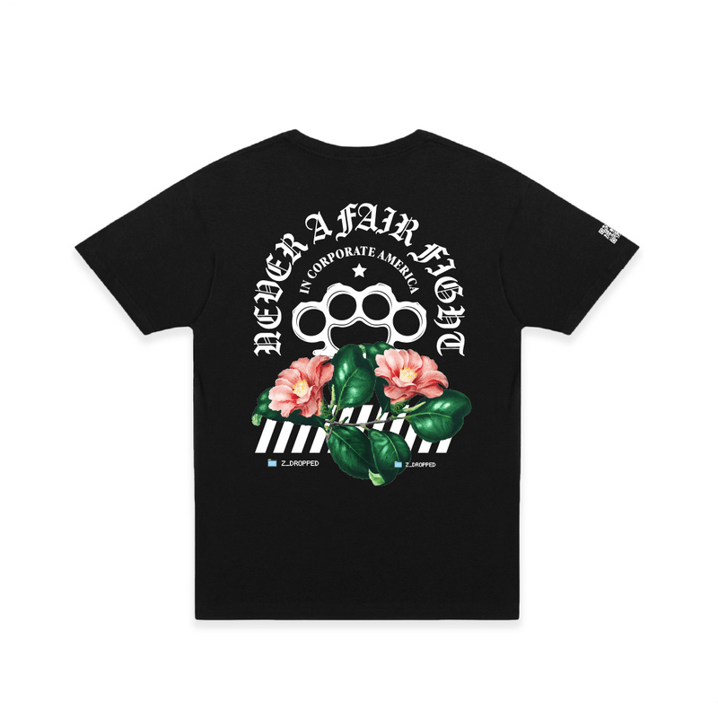 Rear view of a unisex black t-shirt with a large white brass knuckle graphic and 'Never a Fair Fight' text with flowers.