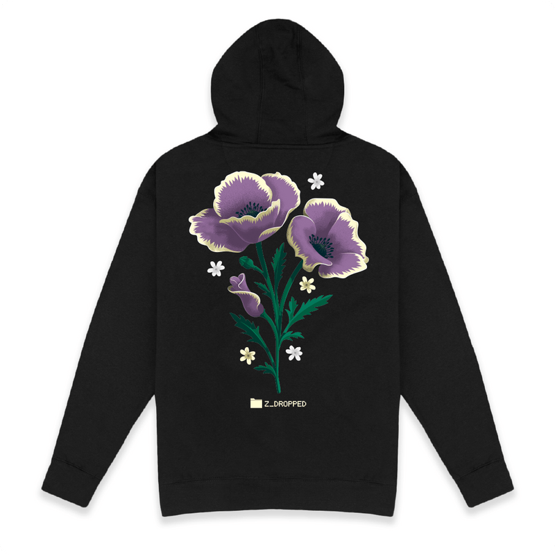 Rear view of a unisex black hoodie with purple floral design on a white background