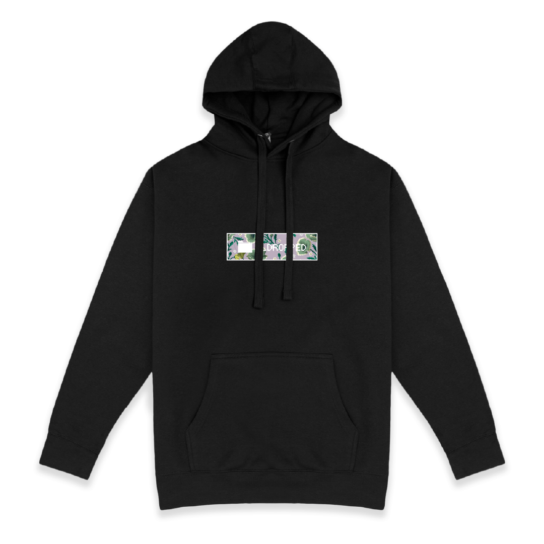 Front view of a unisex black hoodie with small zdropped floral bar logo graphic on a white background