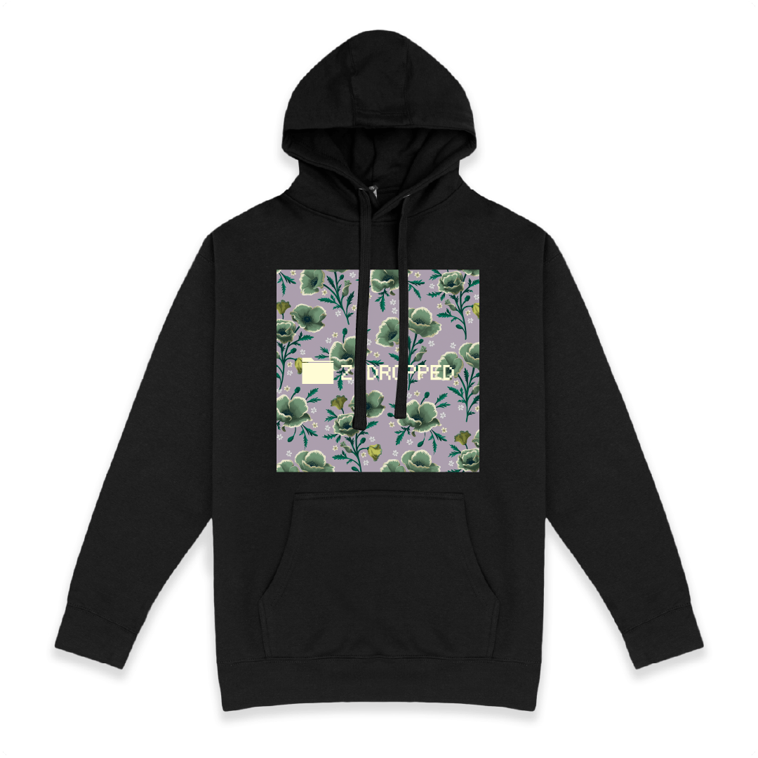 Front view of a unisex black hoodie with floral box design and text on a white background