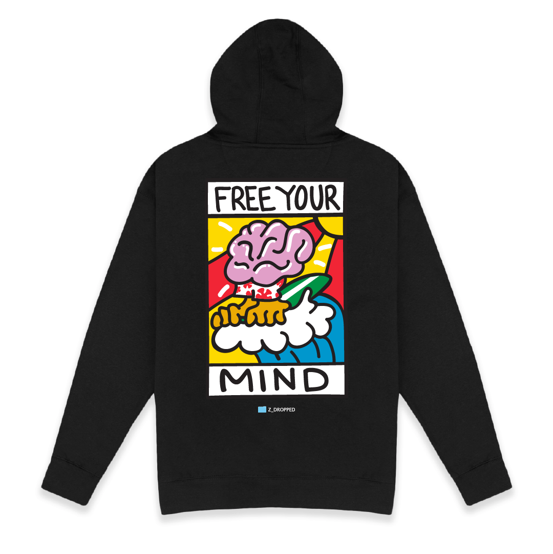Rear view of a black hoodie with Free Your Mind text and a brain surfing a wave on a white background