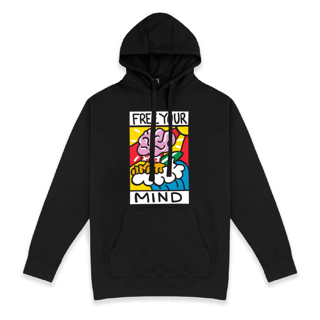 Front view of a black hoodie with Free Your Mind text and a brain surfing a wave on a white background
