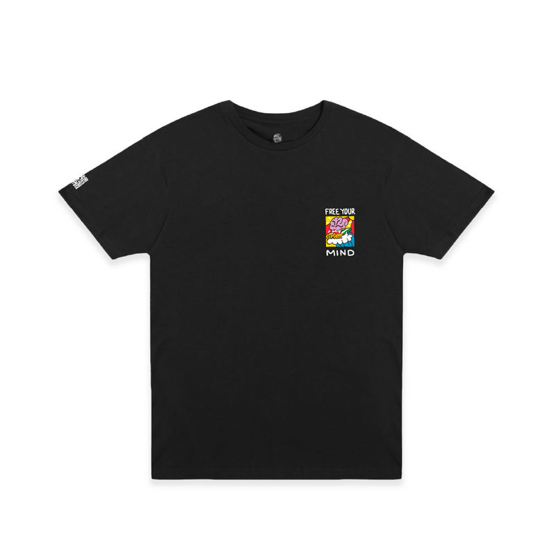 Black unisex t-shirt with colorful surf graphic and Free Your Mind text on a white background