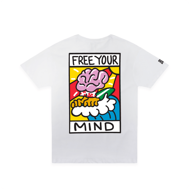 White t-shirt with colorful surf graphic design and 'Free Your Mind' text on a white background