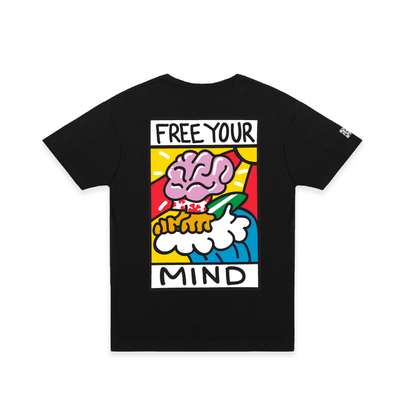 Black t-shirt with colorful surf graphic and 'Free Your Mind' text on a white background