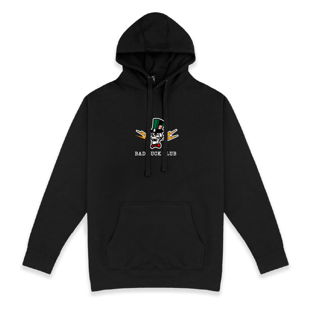 Front view of a unisex black hoodie with 'Bad Luck Club' design featuring a high roller skull head with a green top hat with the number 13 and red bowtie  centered on the front.