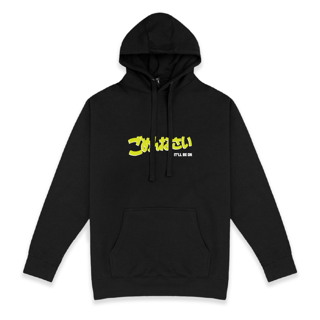 Front view of a black hoodie with neon yellow kanji on a white background