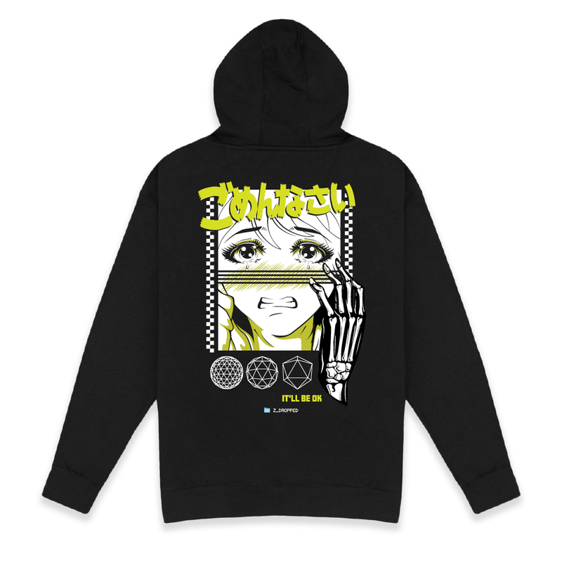 Rear view of a black hoodie with anime-style design on the back, featuring a character with a skeleton hand and neon yellow kanji.