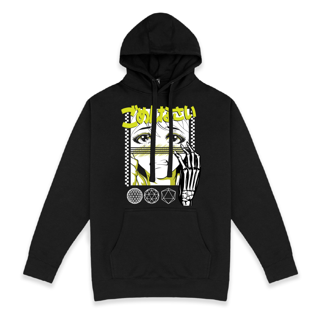 Front view of a black hoodie with anime-style design on the back, featuring a character with a skeleton hand and neon yellow kanji.