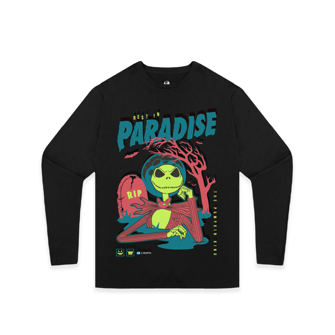 Front view of a black long sleeve tee with a colorful Skelton and 'Rest in Paradise' text on a white background