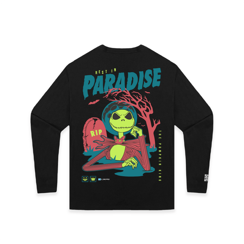 Rear view of a black long sleeve tee with a colorful Skelton and blue 'Rest in Paradise' text on a white background