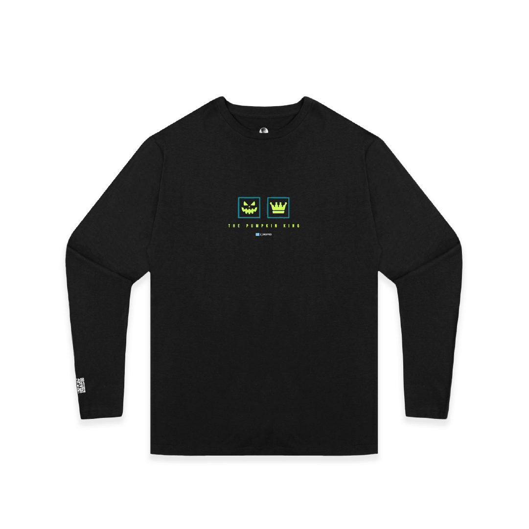 Front view of a black long sleeve tee with a colorful logo on the center chest on a white background