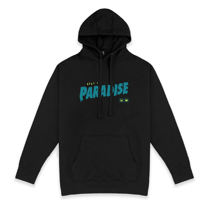 Front view unisex Black hoodie with teal 'Rest in Paradise' text on a white background