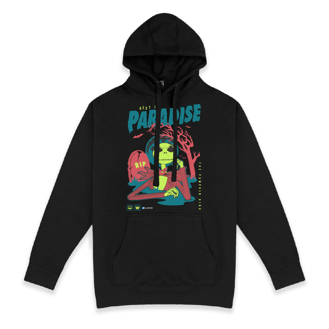 Front view of a black hoodie with a colorful Skelton and 'Rest in Paradise' text on a white background