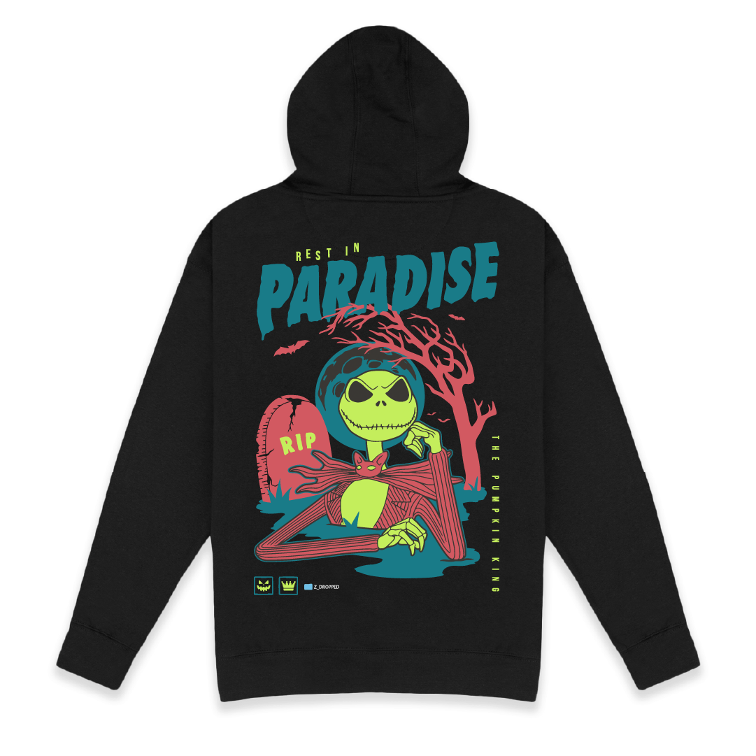 Rear view of a black hoodie with a colorful Skelton and 'Rest in Paradise' text on a white background