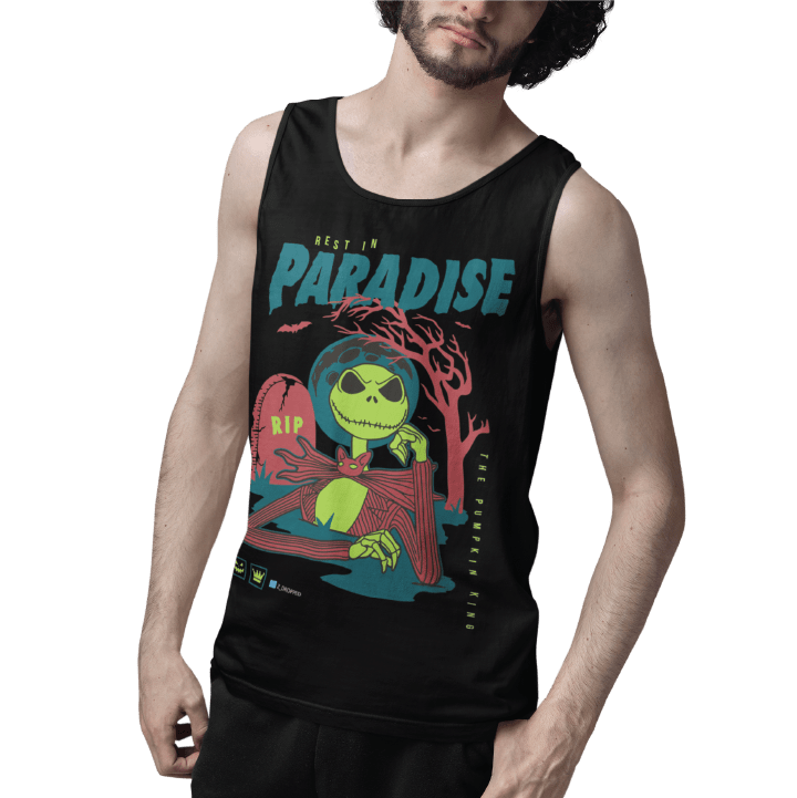 A young man wearing a black tank top with a colorful Skelton and blue 'Rest in Paradise' text on the front