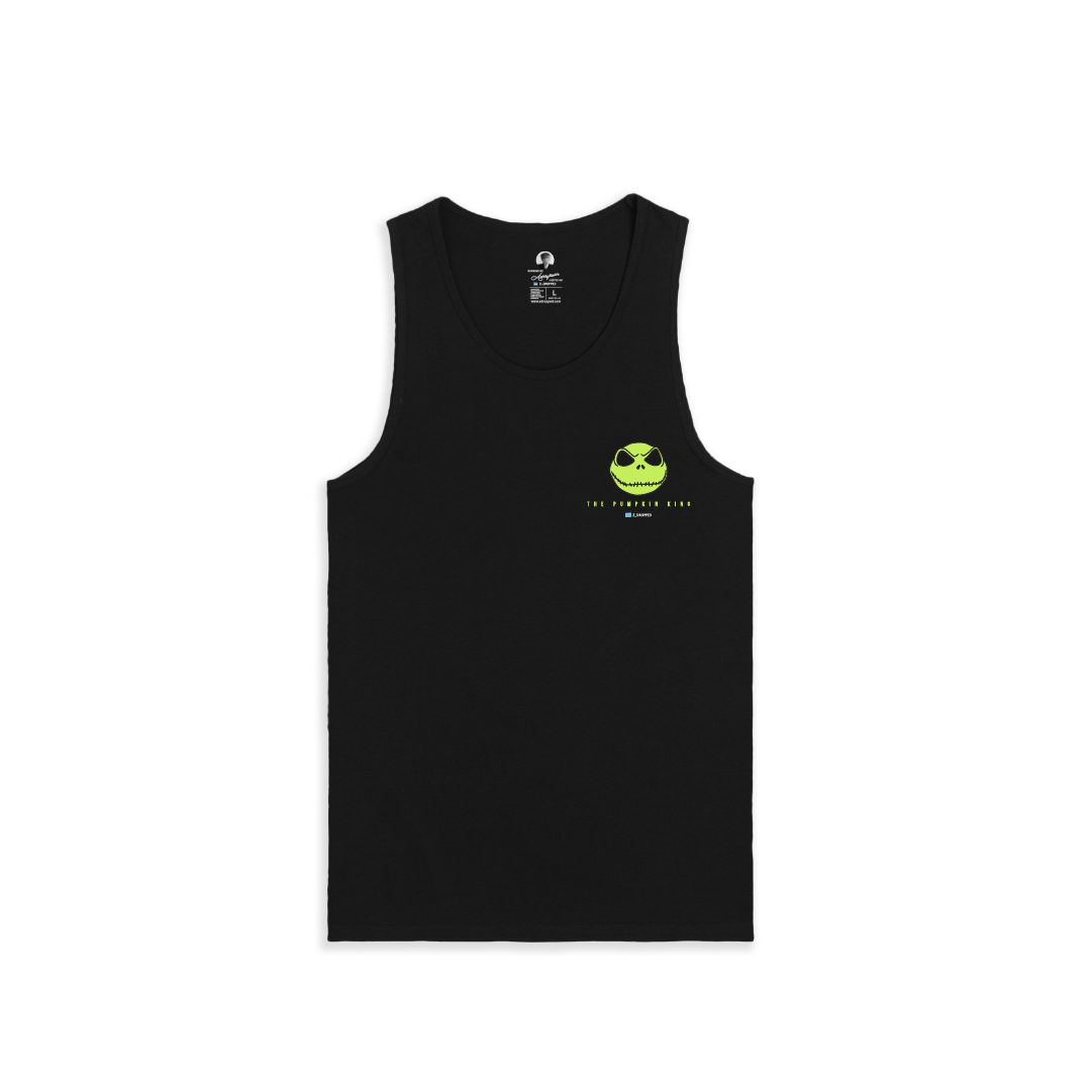 Front view of a black tank top with a neon green Skelton head on a white background
