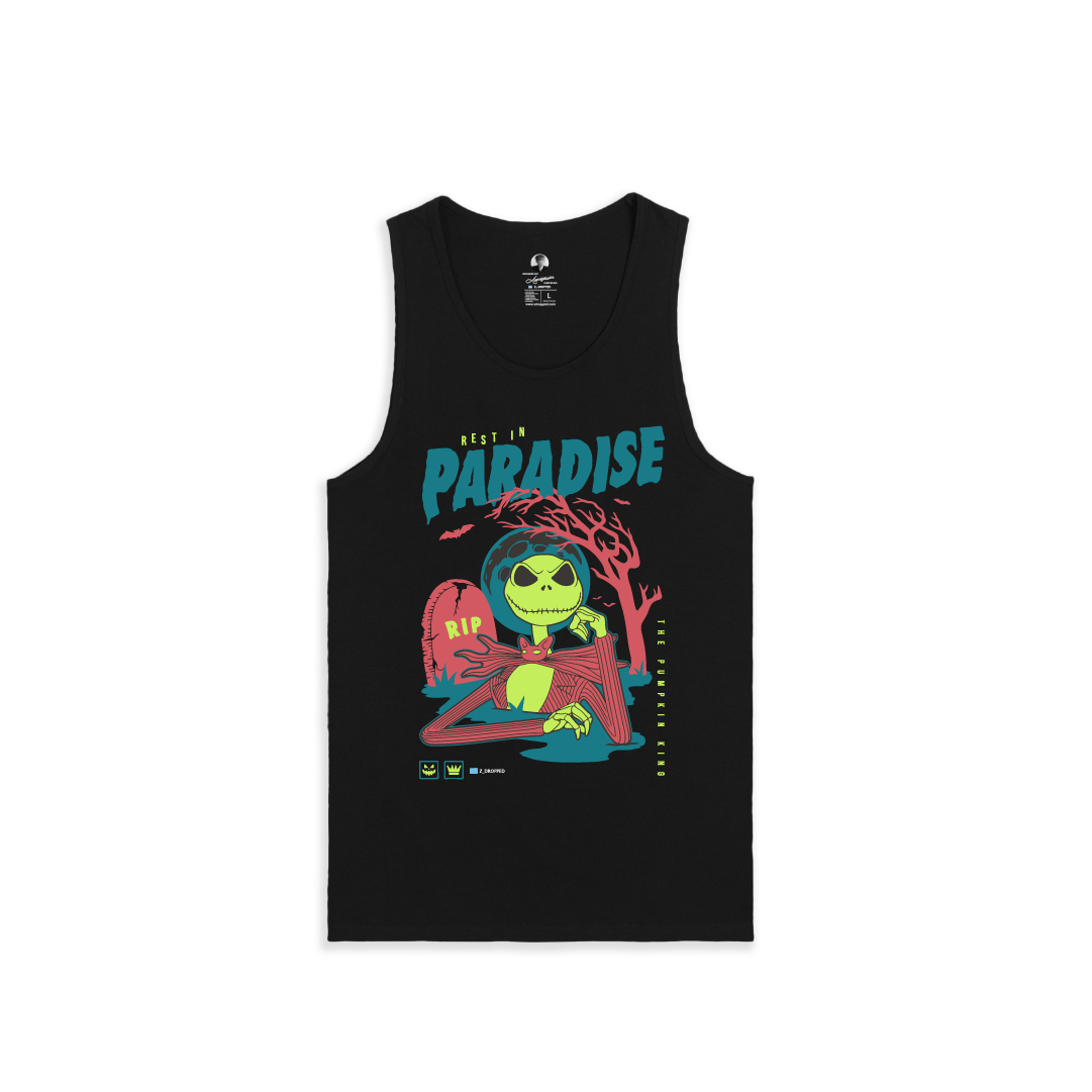 Front view of a black tank top with a colorful Skelton and blue 'Rest in Paradise' text on a white background