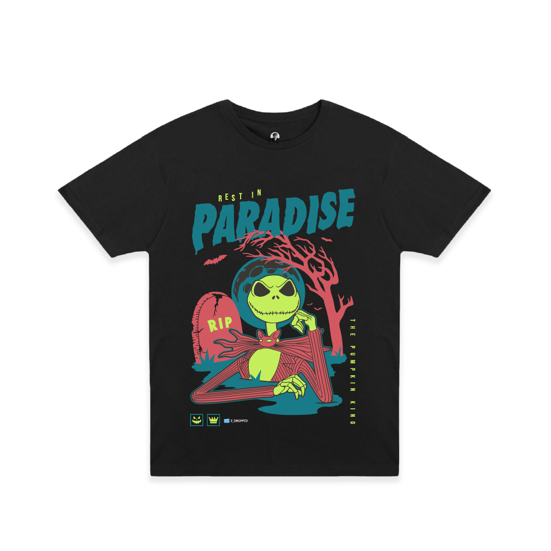 Front view of a black t-shirt with a colorful Skelton and blue 'Rest in Paradise' text on a white background