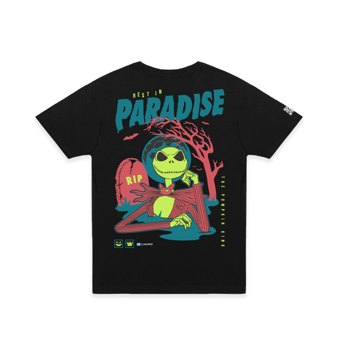 Rear view of a black t-shirt with a colorful Skelton and blue 'Rest in Paradise' text on a white background