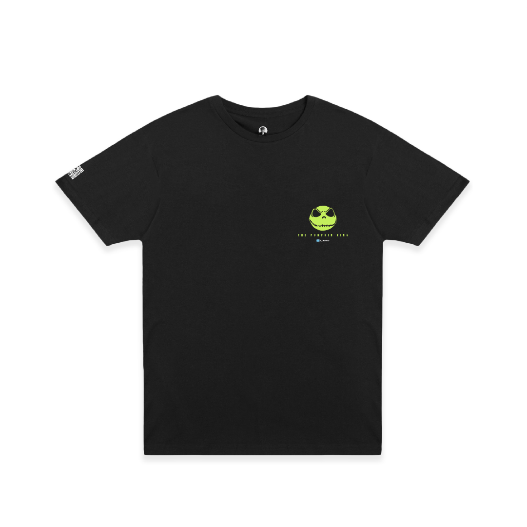 Black t-shirt with a neon green skeleton on a white background