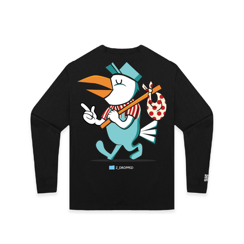 Rear view of a unisex black long-sleeve shirt with cartoon pelican bird character design on a white background