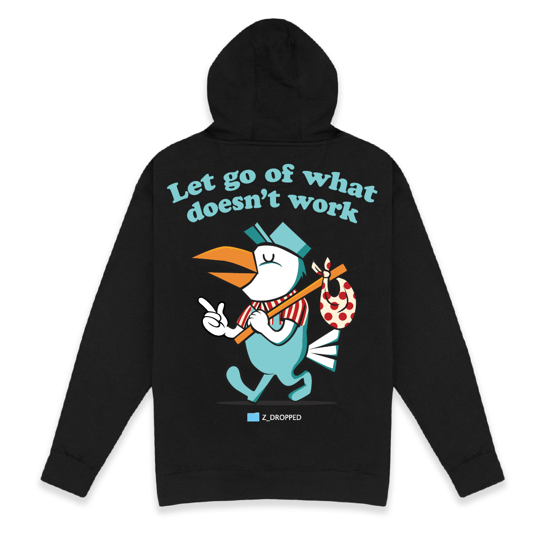 Rear view of a black hoodie with cartoon bird and Let Go Of What Doesn't Work text on a white background