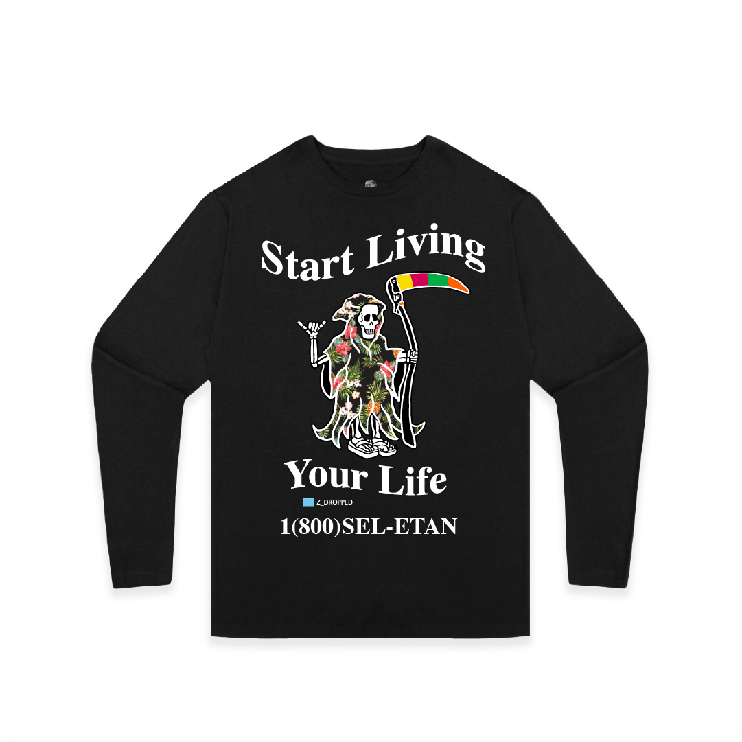 Front view of a black unisex long-sleeve shirt with a grim reaper graphic and white start living your life text on a white background