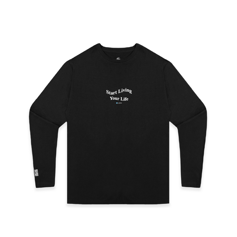 Front view of a black unisex long-sleeve shirt with start living your life text on a white background
