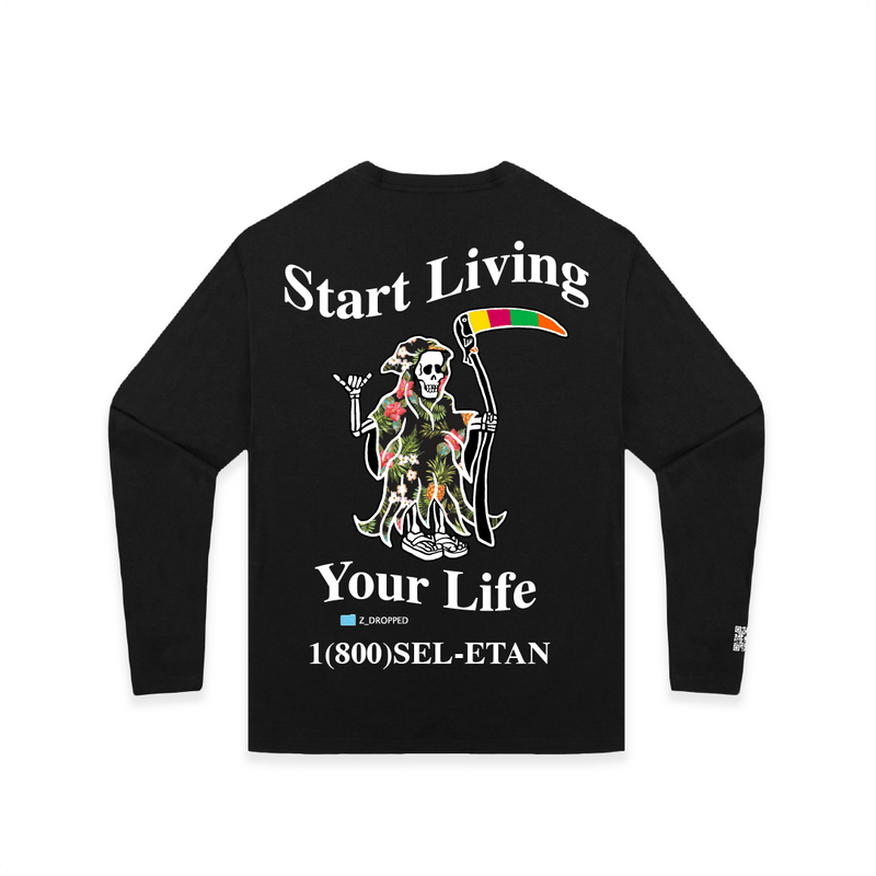 Rear view of a unisex black long-sleeve shirt with a grim reaper graphic and white start living your life text on a white background