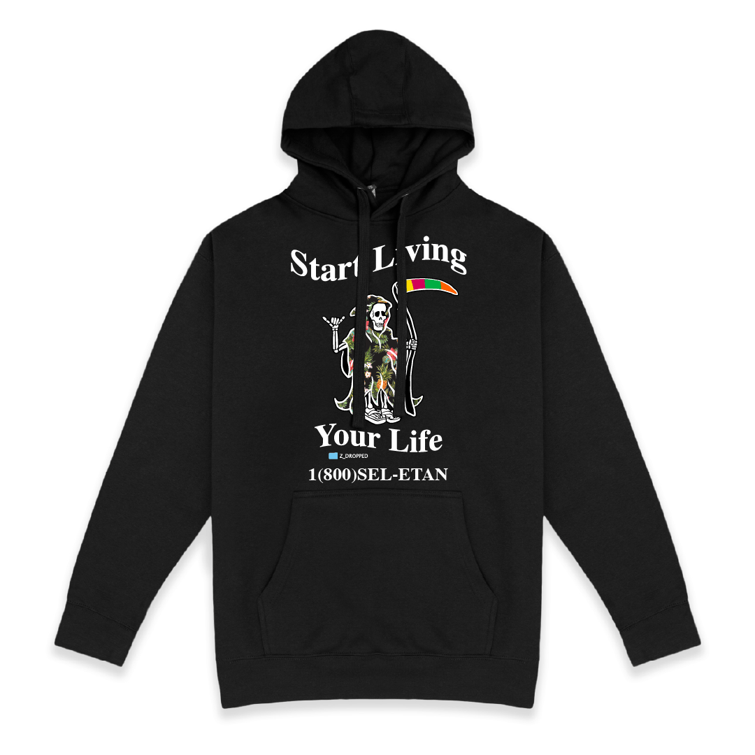 Front view of a black hoodie with a grim reaper and white Start Living Your Life text on a white background