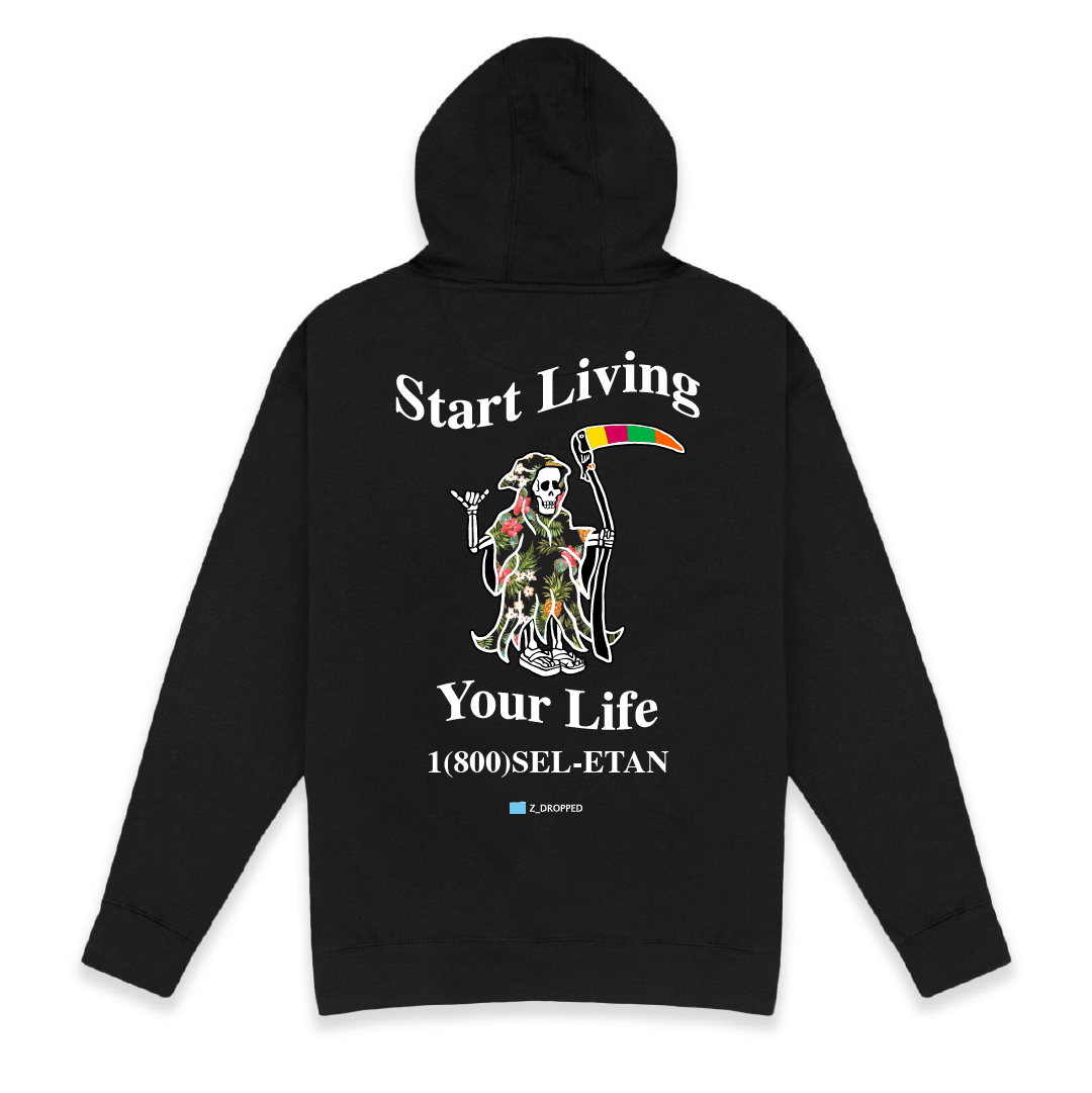 Rear view of a black hoodie with a grim reaper and white Start Living Your Life text on a white background