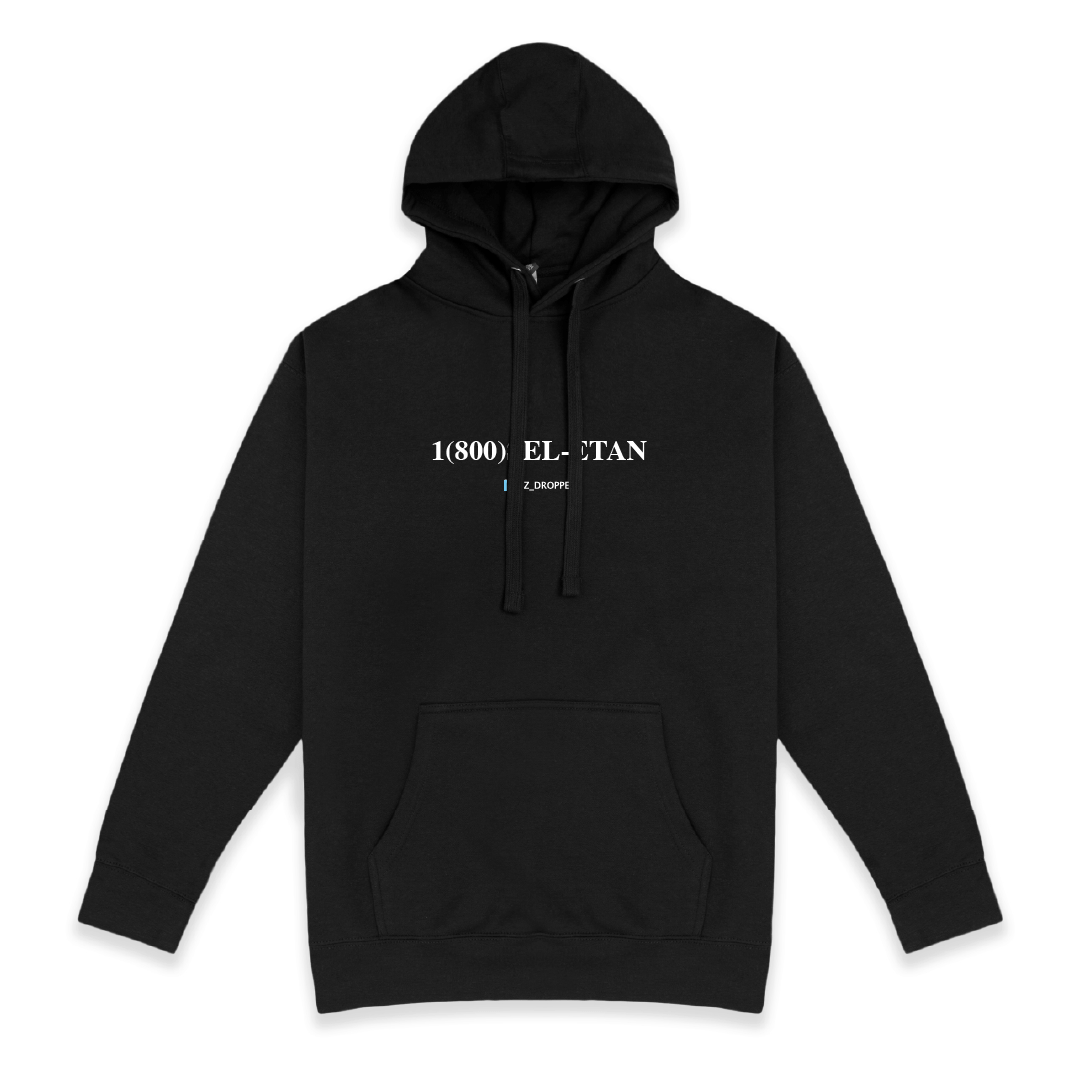 Front view of a black hoodie with white 1 800 SEL ETAN text on a white background