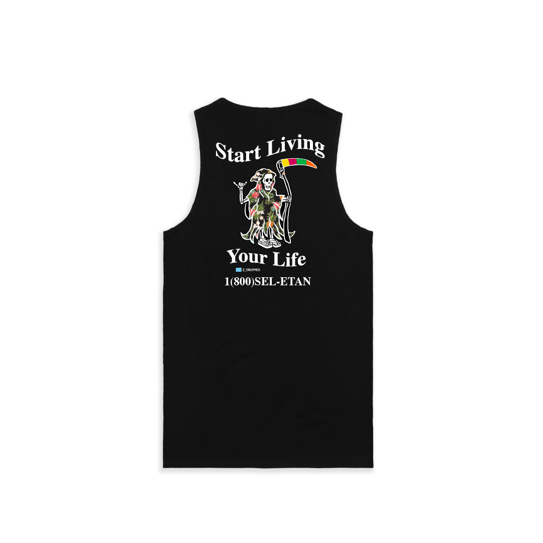 Rear view of a black unisex tank top with a Grim Reaper graphic and white Start living your Life text on a white background
