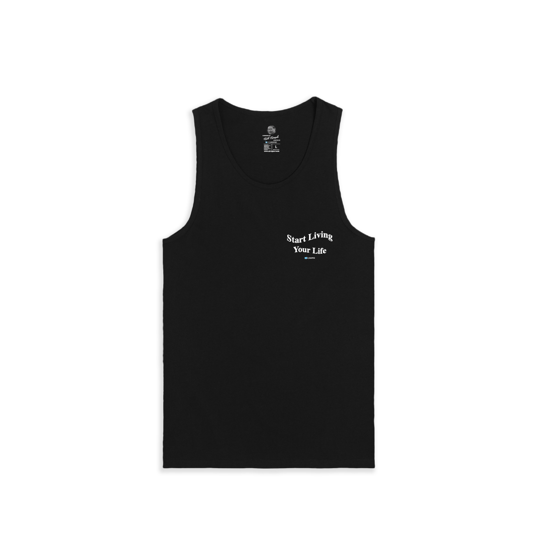 Front view of a black unisex tank top with white start living your life text on a white background