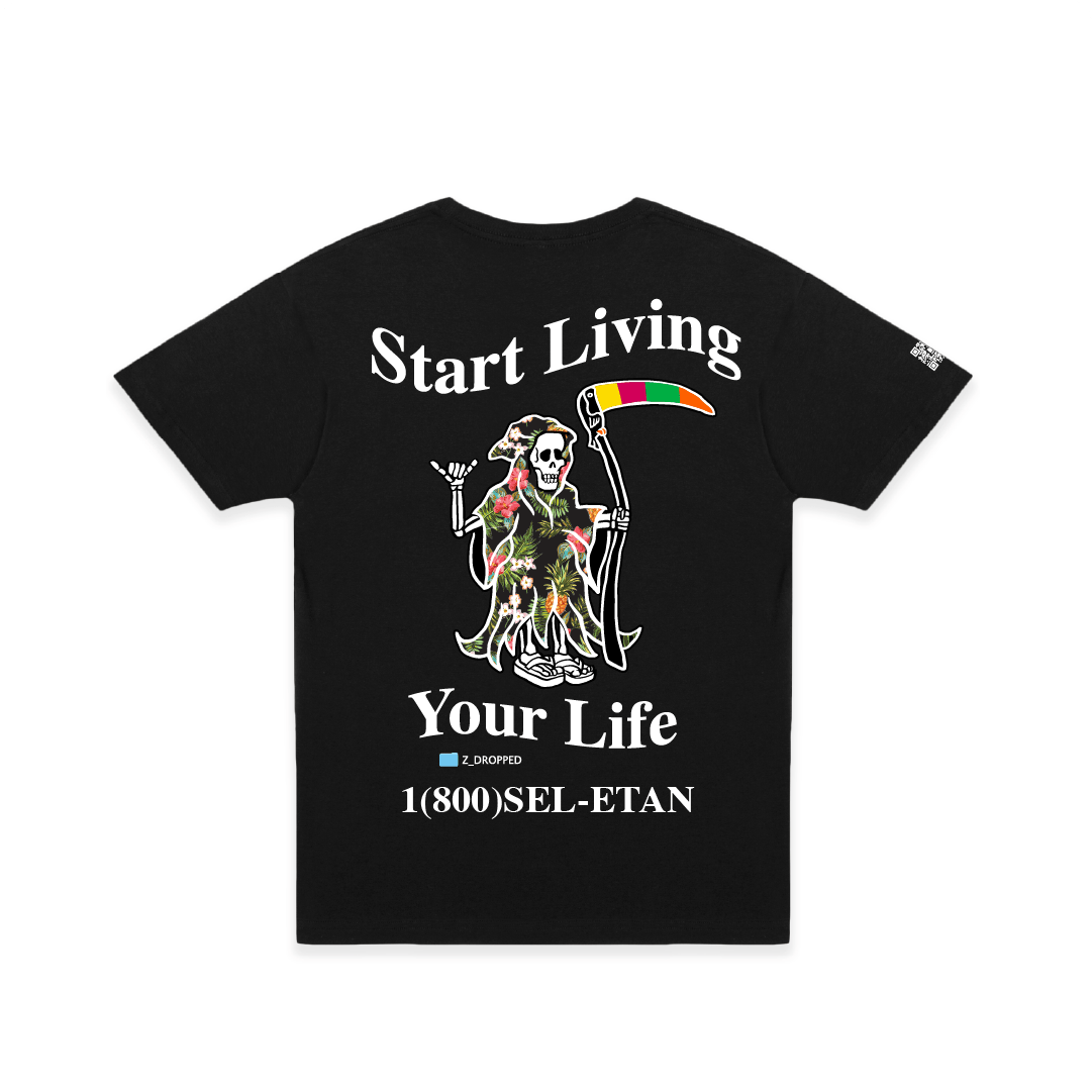 Rear view of a black unisex t-shirt with a Grim Reaper graphic and white Start living your Life text on a white background