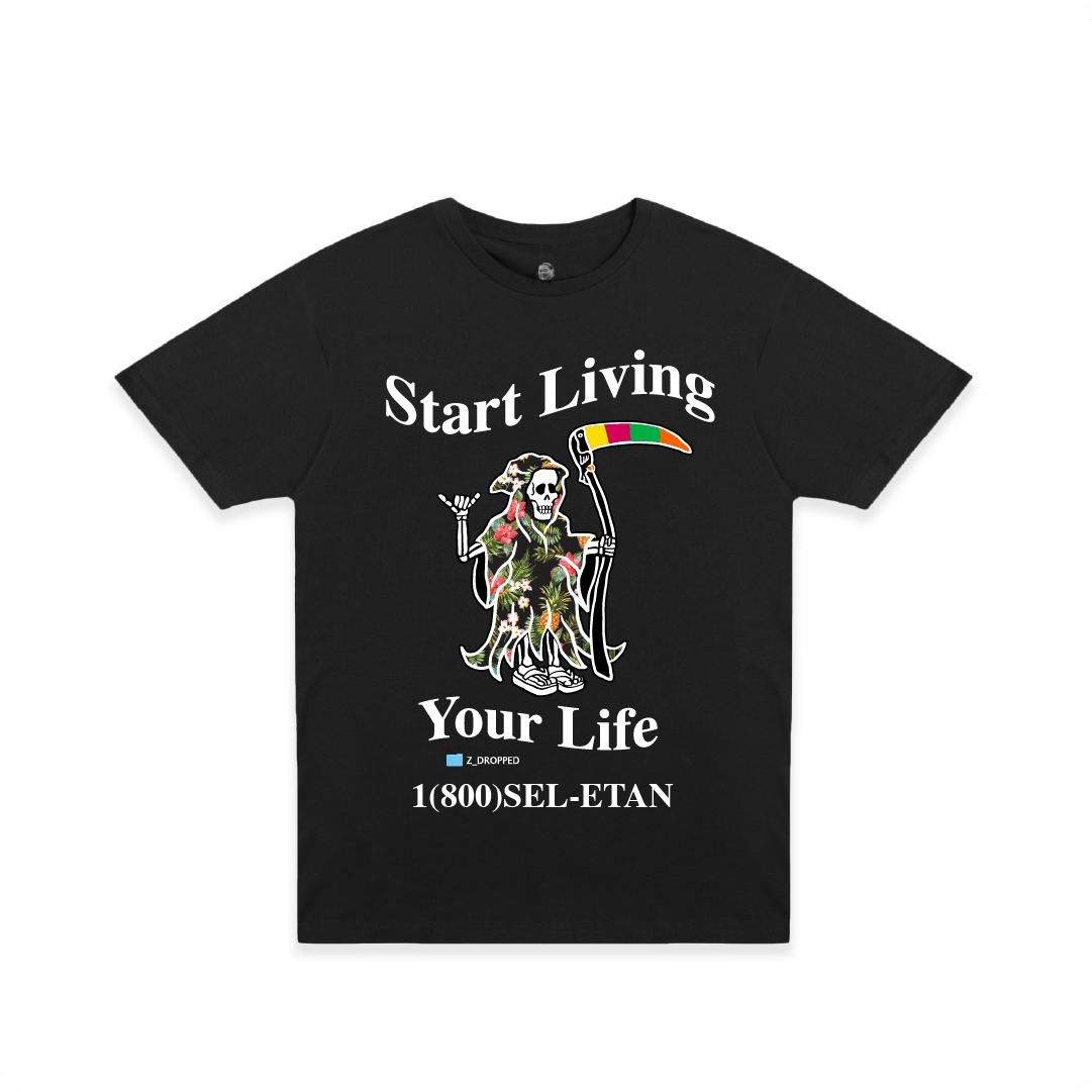 Front view of a black unisex t-shirt with a grim reaper graphic skeleton and white Start Living Your Life text on a white background