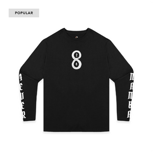 Front view of a unisex black long sleeve t-shirt with a white Black Mamba 8 and 24 on a white background front and center with white text that reads "mamba 4 ever" on the sleeves