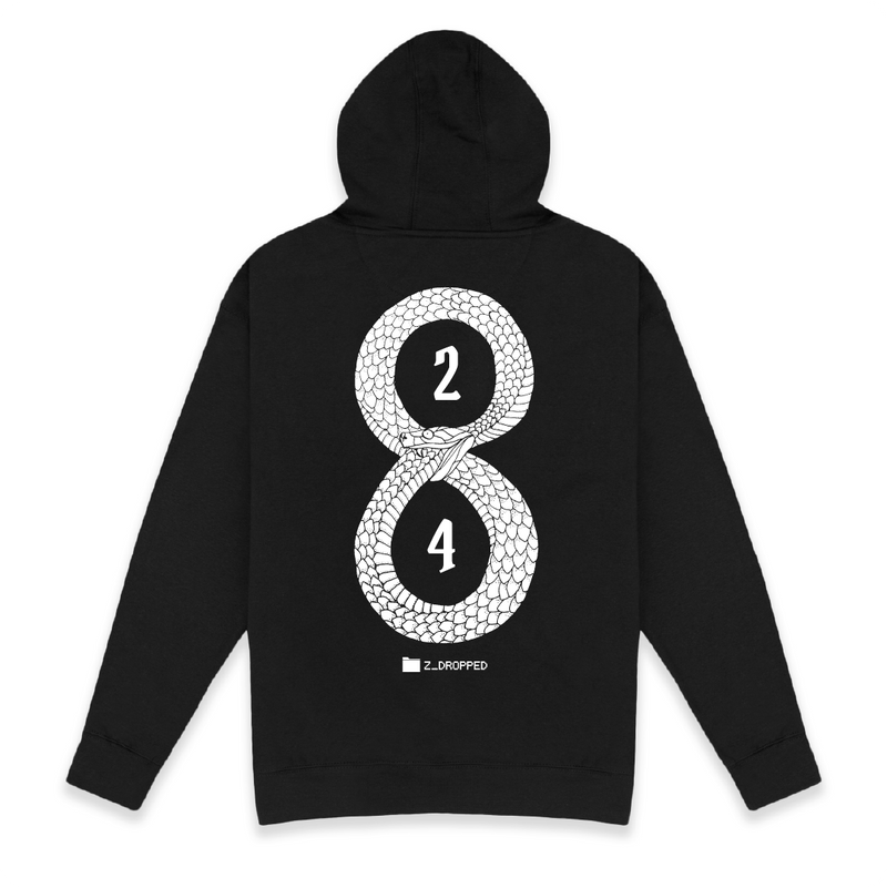 Rear View of a unisex black hoodie with a white Black Mamba 8 and 24 on a white background