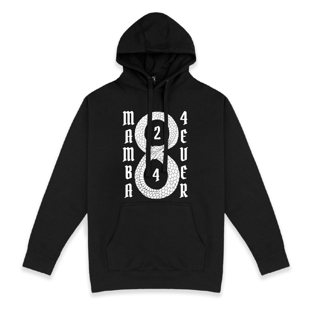 Front View of a unisex black hoodie with a white Mamba 8 and 24 graphic on a black background in the middle of white text that reads "Mamba 4 Ever"